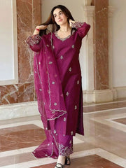 Premium Roman Silk Embroidered Suit Set with Organza Dupatta | Designer Ethnic Wear for Women