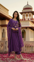 Royal Purple & Rust Orange Chanderi Silk Embroidered Anarkali Kurta Pant Set with Embroidered Organza Dupatta
