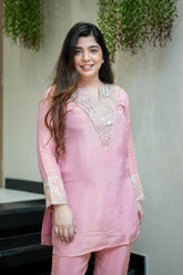 Blush Pink & Aqua Blue Premium Simmar Silk Mirror & Sequence Embroidered Kurta Palazzo Set