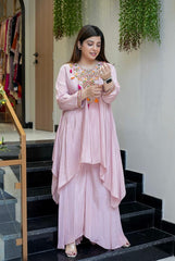 Yellow & Blush Pink French Crepe Embroidered Kurta Palazzo Set