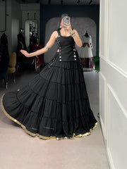Classic Black Marble Navratri Lehenga Choli Set with Sheer Tunic & Cowrie Bell Detailing