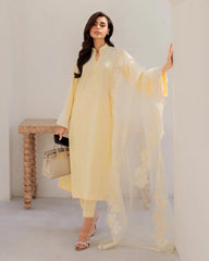Rooprangi Women's Premium Chanderi Silk Embroidered Kurta Pant Set with Organza Floral Embroidered Dupatta | Butter Yellow & Powder Blue