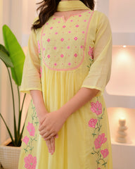 Pastel Yellow & Powder Blue Parampara Silk Embroidered Anarkali Kurta Pant Set with Organza Dupatta