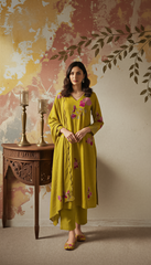 Olive Green & Maroon Chanderi Silk Embroidered Kurta Pant Set with Embroidered Chanderi Dupatta