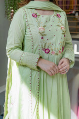 Pastel Pink & Mint Green Chanderi Silk Embroidered Anarkali Kurta Pant Set with Organza Dupatta