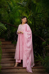 Baby Pink & Pastel Yellow Chanderi Silk Embroidered Anarkali Kurta Pant Set with Chanderi Embroidered Dupatta
