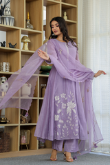 Rooprangi Women's Premium Chanderi Silk Embroidered Kurta Pant Set with Embroidered Chanderi Dupatta | Lavender & Pistachio Green
