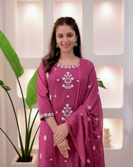 Elegant Embroidered Rayon Slub Suit Set with Chanderi Dupatta