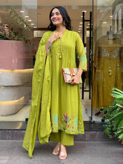 Rooprangi Women's Premium Chanderi Silk Embroidered Kurta Pant Set with Chanderi Dupatta | Olive Green & Mustard Yellow