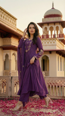 Royal Purple & Rust Orange Chanderi Silk Embroidered Anarkali Kurta Pant Set with Embroidered Organza Dupatta