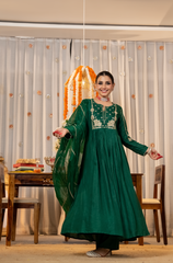 Ruby Red, Burnt Orange & Emerald Green Chanderi Silk Embroidered Anarkali Kurta Pant Set with Organza Dupatta