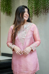 Blush Pink & Aqua Blue Premium Simmar Silk Mirror & Sequence Embroidered Kurta Palazzo Set