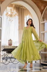 Sage Green & Blush Peach Chanderi Silk Embroidered Kurta Pant Set with Chanderi Dupatta
