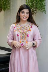 Yellow & Blush Pink French Crepe Embroidered Kurta Palazzo Set