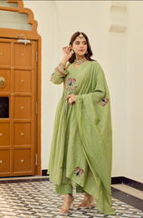 Rooprangi Women's Premium Chanderi Silk Embroidered Kurta Palazzo Set with Chanderi Dupatta | Sage Green & Peach | Festive Wear