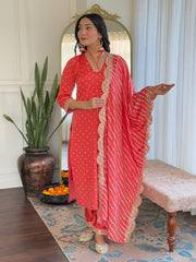 Red & Lime Green Viscose Bandhani Print Embroidered Kurta Pant Set with Muslin Dupatta
