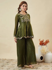 Premium Crunchy Silk Embroidered Peplum Palazzo Suit Set with Matching Crunchy Silk Dupatta | Designer Ethnic Wear for Women