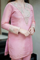 Blush Pink & Aqua Blue Premium Simmar Silk Mirror & Sequence Embroidered Kurta Palazzo Set