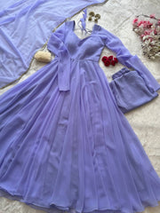 Georgette Anarkali Suit Set with Mirror Lace Dupatta – Wine, Mint Green & Lavender