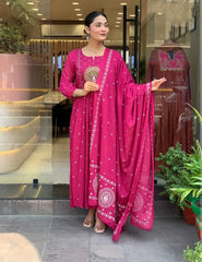 Rust orange & Rani Pink Cotton Khadi Print Embroidered Anarkali Kurta Pant Set with Cotton Khadi Print Dupatta