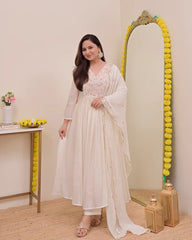 Wine, Sapphire Blue & Ivory White Chanderi Silk Embroidered Anarkali Kurta Pant Set with Embroidered Chanderi Dupatta