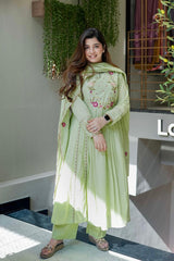 Pastel Pink & Mint Green Chanderi Silk Embroidered Anarkali Kurta Pant Set with Organza Dupatta