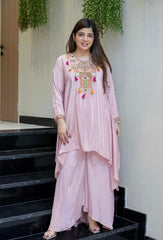 Yellow & Blush Pink French Crepe Embroidered Kurta Palazzo Set