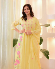 Pastel Yellow & Powder Blue Parampara Silk Embroidered Anarkali Kurta Pant Set with Organza Dupatta