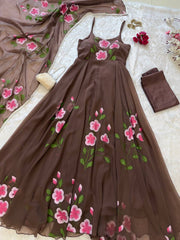 Blossom Bloom Handpainted Georgette Anarkali Suit Set with Floral Dupatta