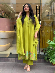Rooprangi Women's Premium Chanderi Silk Embroidered Kurta Pant Set with Chanderi Dupatta | Olive Green & Mustard Yellow