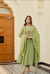 Rooprangi Women's Premium Chanderi Silk Embroidered Kurta Palazzo Set with Chanderi Dupatta | Sage Green & Peach | Festive Wear