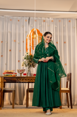 Ruby Red, Burnt Orange & Emerald Green Chanderi Silk Embroidered Anarkali Kurta Pant Set with Organza Dupatta