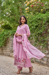 Pink & Ivory Chanderi Silk Embroidered Anarkali Kurta Pant Set with Chanderi Dupatta