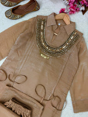 Rooprangi Women's Premium Gold Crush Kurti, Koti & Palazzo Set with Sequins Work