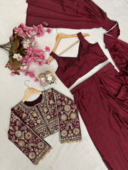 Chinon Silk Ready-to-Wear Lehenga Saree Set with Embroidered Jacket | Designer Festive Ethnic Wear for Women