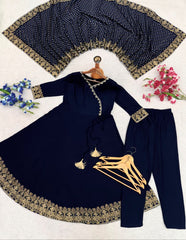 Rooprangi Women's Heavy Rayon Embroidered Anarkali Kurta Pant Set with Foil Print Dupatta