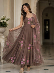Blossom Bloom Handpainted Georgette Anarkali Suit Set with Floral Dupatta
