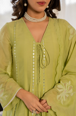 Sage Green & Blush Peach Chanderi Silk Embroidered Kurta Pant Set with Chanderi Dupatta