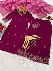 Premium Roman Silk Embroidered Suit Set with Organza Dupatta | Designer Ethnic Wear for Women