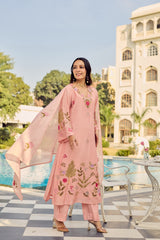 Blush Pink & Powder Blue Chanderi Silk Embroidered Kurta Pant Set with Embroidered Chanderi Dupatta