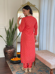 Red & Lime Green Viscose Bandhani Print Embroidered Kurta Pant Set with Muslin Dupatta