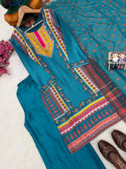 Premium Malai Satin Digital Print Kurti Pant Set with Georgette Dupatta | Designer Ethnic Suit for Women