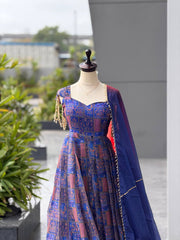 Rooprangi Women's Premium Royal Blue Jimmy Organza Silk Digital Printed Anarkali Gown with Organza Dupatta | Festive & Wedding Wear