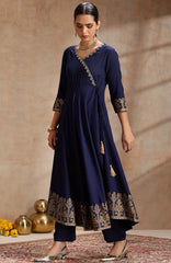 Rooprangi Women's Heavy Rayon Embroidered Anarkali Kurta Pant Set with Foil Print Dupatta