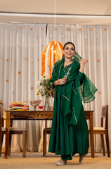 Ruby Red, Burnt Orange & Emerald Green Chanderi Silk Embroidered Anarkali Kurta Pant Set with Organza Dupatta