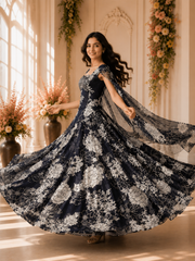 Black & White Floral Printed Designer Lehenga Choli Set with Organza Dupatta