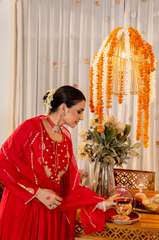 Ruby Red, Burnt Orange & Emerald Green Chanderi Silk Embroidered Anarkali Kurta Pant Set with Organza Dupatta