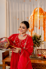 Ruby Red, Burnt Orange & Emerald Green Chanderi Silk Embroidered Anarkali Kurta Pant Set with Organza Dupatta