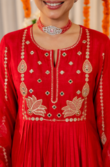 Ruby Red, Burnt Orange & Emerald Green Chanderi Silk Embroidered Anarkali Kurta Pant Set with Organza Dupatta