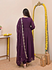 Wine, Sapphire Blue & Ivory White Chanderi Silk Embroidered Anarkali Kurta Pant Set with Embroidered Chanderi Dupatta